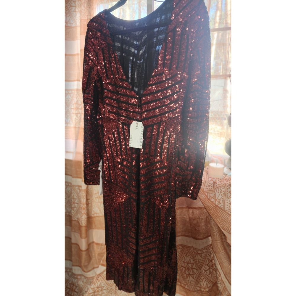 Dress The Population XL Burgundy Black Sequin Mesh Bodycon Midi Dress Long Slee… - Picture 4 of 8